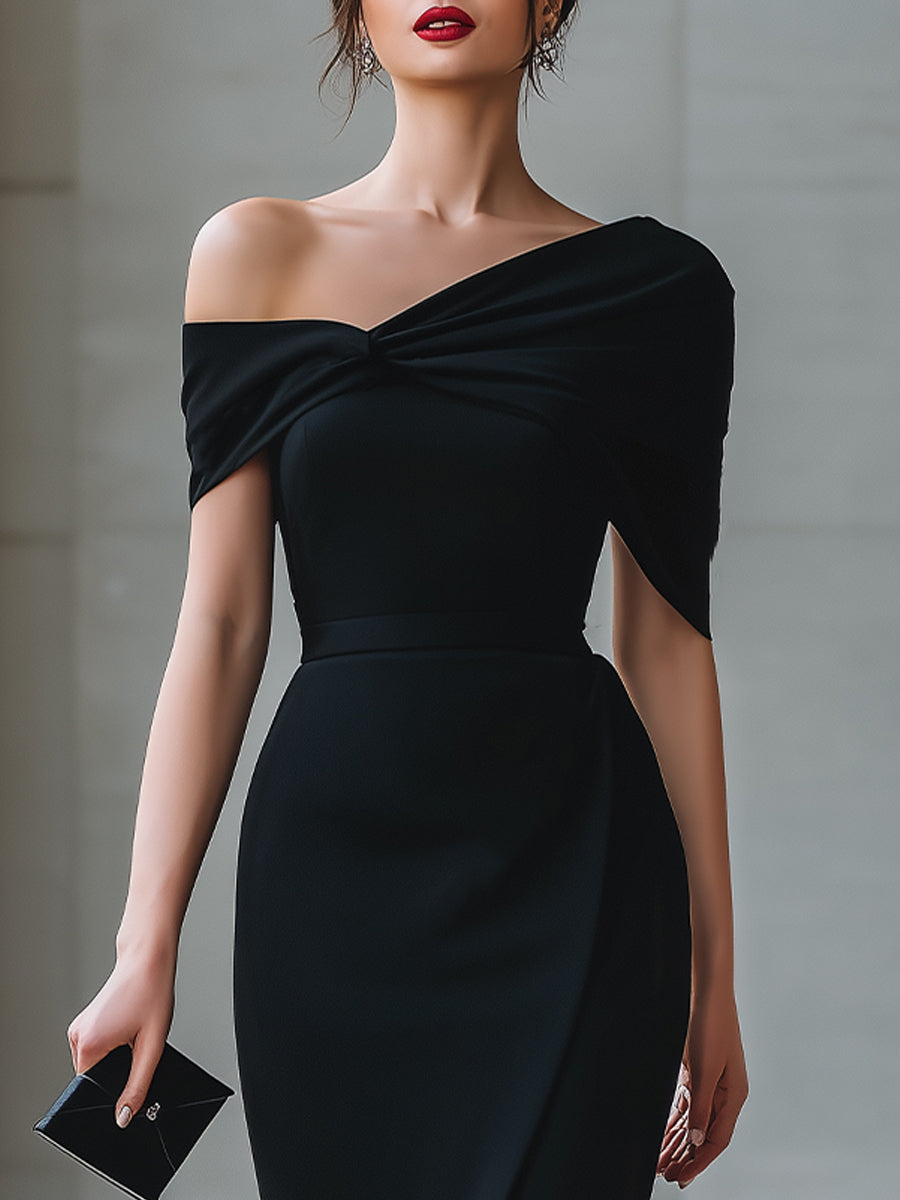 Olivia Bennet | Black Asymmetric Off-Shoulder Midi Dress