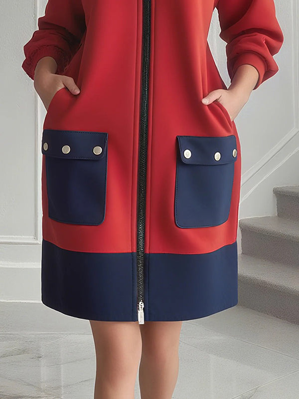 Olivia Bennet | Long Sleeves Loose Contrast Color Pockets Split-Joint Zipper Round-Neck Midi Dresses