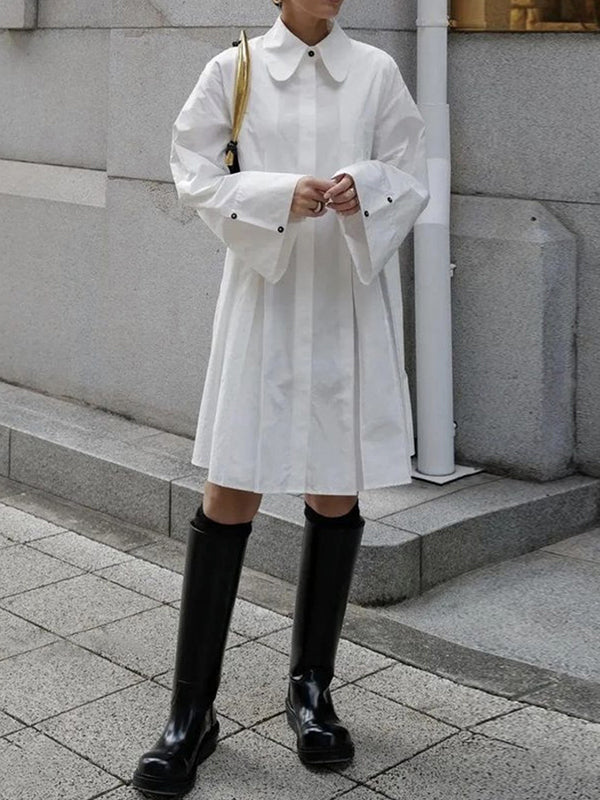 Olivia Bennet | Long Sleeves Buttoned Pleated Solid Color Lapel Midi Dresses Shirt Dress