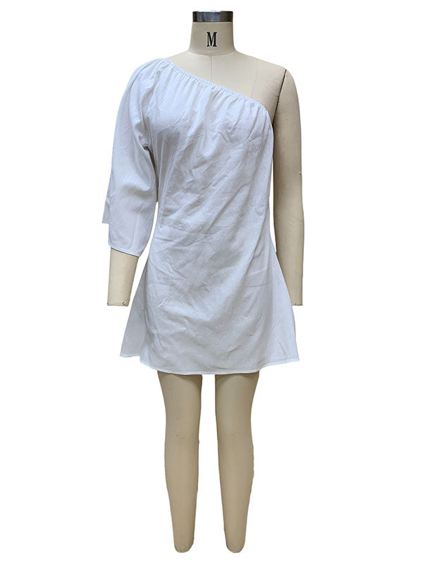 Olivia Bennet | Loose Three-Quarter Sleeves Asymmetric Elasticity Solid Color One-Shoulder Mini Dresses