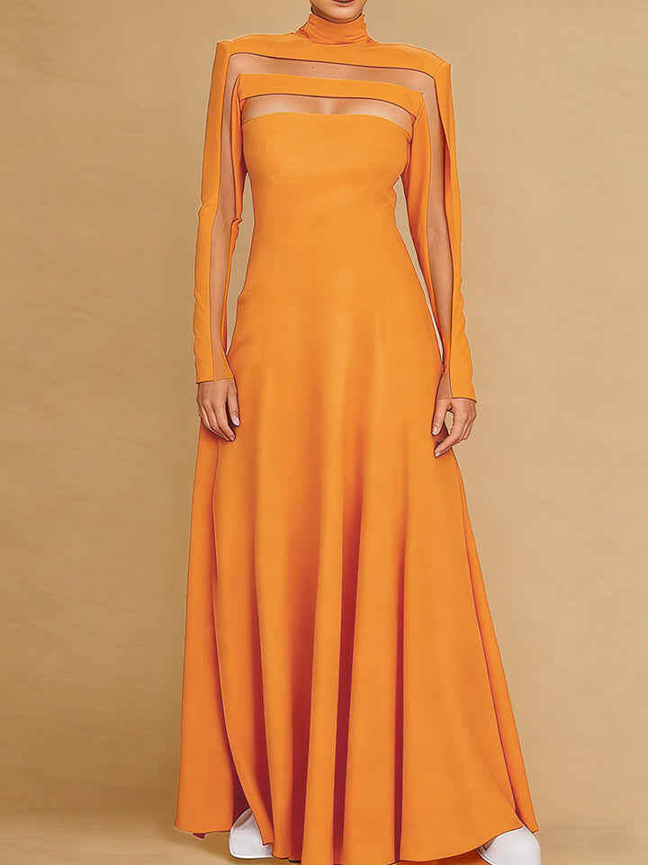 Olivia Bennet | A-Line Long Sleeves Split-Joint High Neck Maxi Dresses