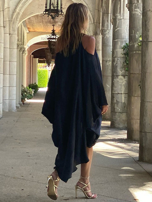 Olivia Bennet | Stylish Loose High-Low Batwing Sleeves Black Midi Dress