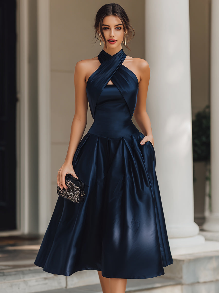 Olivia Bennet | Cross-Halter Pleated Chiffon Midi Dress