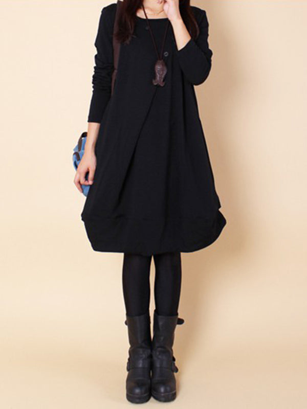 Olivia Bennet | A-line Long Sleeves Pleated Solid Color Round-neck Dresses Maxi Dresses