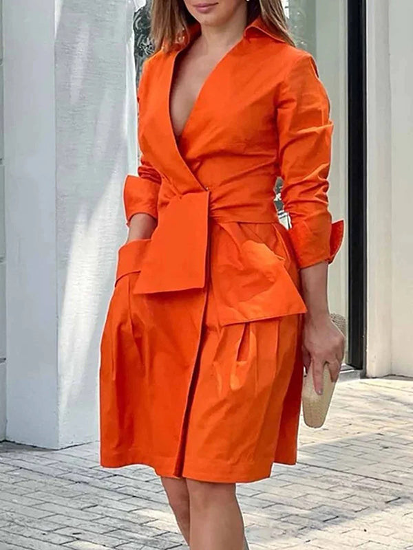 Olivia Bennet | Long Sleeves Solid Color Tied Waist Deep V-Neck Mini Dresses