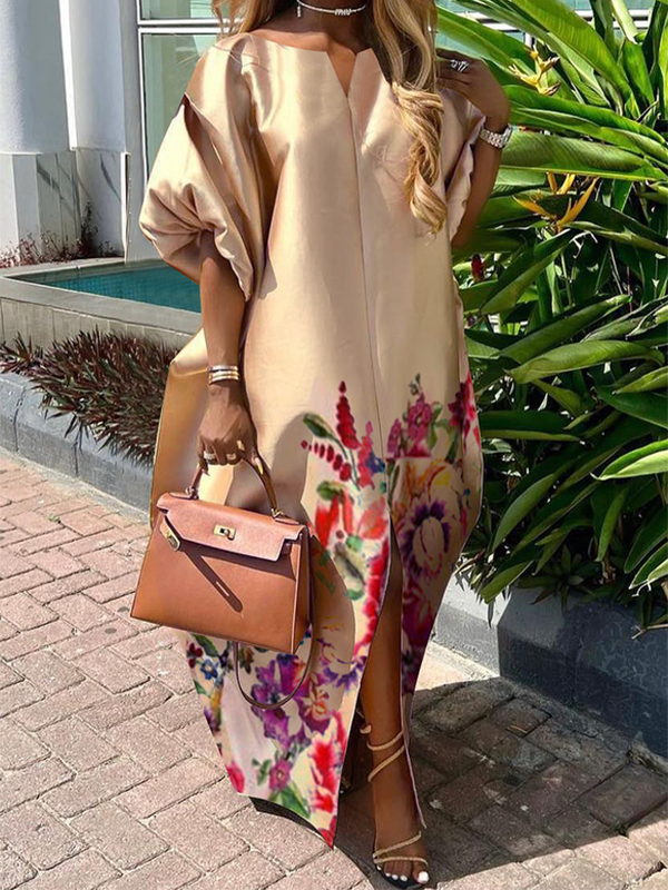 Olivia Bennet | A-Line Half Sleeves Elasticity Flower Print Split-Front V-Neck Maxi Dresses