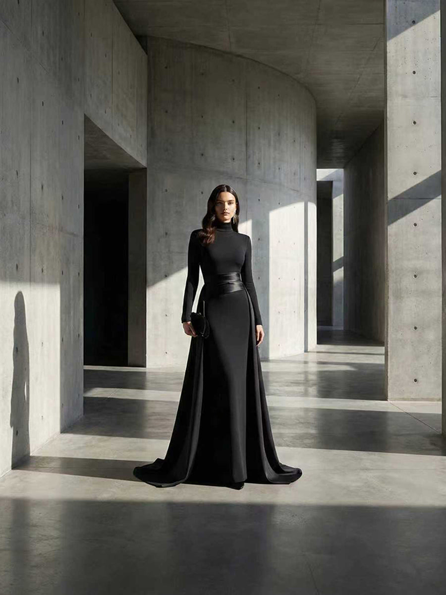 Olivia Bennet | Bodycon Elasticated Waist Asymmetric Solid Color Split-Joint High Neck Maxi Dresses