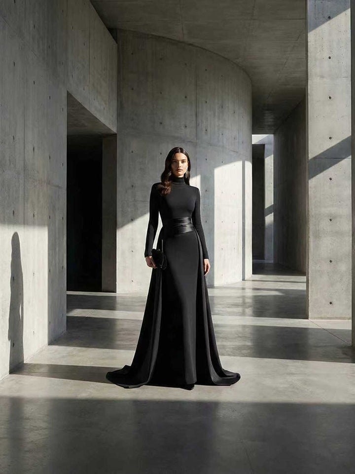 Olivia Bennet | Bodycon Elasticated Waist Asymmetric Solid Color Split-Joint High Neck Maxi Dresses