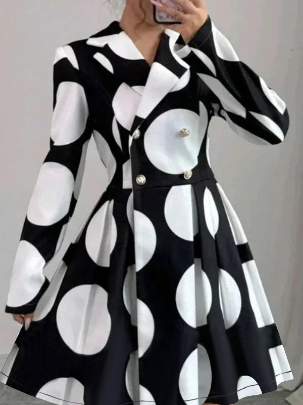 Olivia Bennet | A-line High Waisted Buttoned Contrast Color Pleated Polka-Dot Lapel Mini Dresses