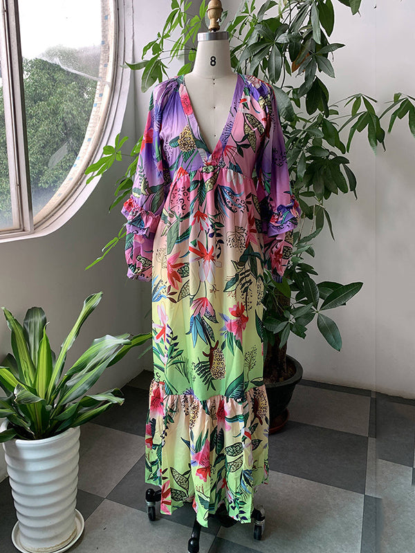 Olivia Bennet | Bishop Sleeve High Waisted Flower Print Pleated Ruffled Split-Joint Deep V-Neck Maxi Dresses