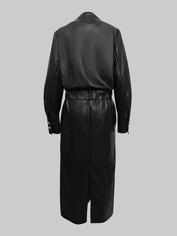 Olivia Bennet | Long Sleeves Puff Sleeves Buttoned Pleated Solid Color V-Neck Midi Dresses