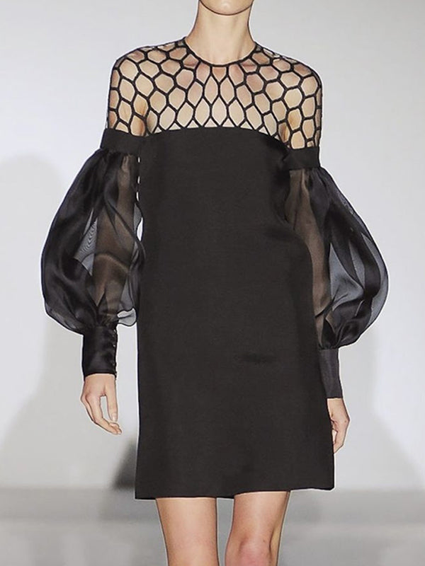 Olivia Bennet | Long Sleeves Loose Hollow Solid Color Split-Joint Round-Neck Mini Dresses