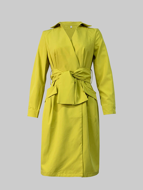 Olivia Bennet | Long Sleeves Solid Color Tied Waist Deep V-Neck Mini Dresses