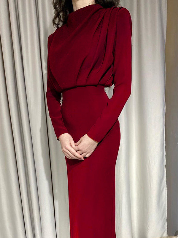Olivia Bennet | High Waisted Long Sleeves Pleated Solid Color Mock Neck Maxi Dresses Midi Dresses