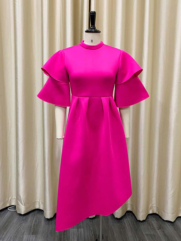 Olivia Bennet | Original Loose Half Sleeves Falbala Solid Color Round-Neck Midi Dresses