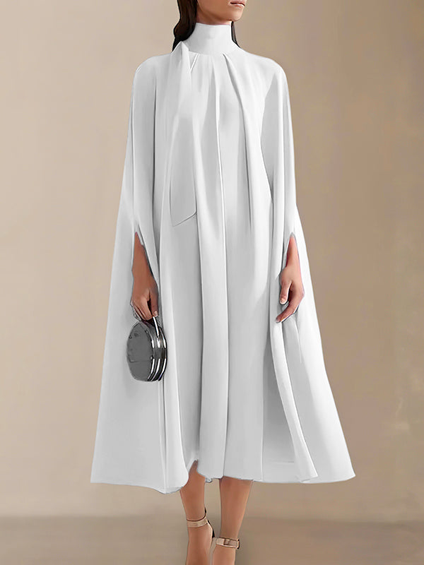 Olivia Bennet | Simple Batwing Sleeves Lace-Up Solid Color High-Neck Midi Dresses