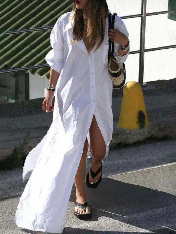 Olivia Bennet | Long Sleeves Loose Buttoned Solid Color Split-Side Lapel Maxi Shirt Dress