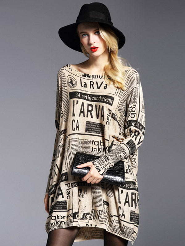 Olivia Bennet | Vintage Loose One-Shoulder Newspaper Printed Split-Joint Sweater