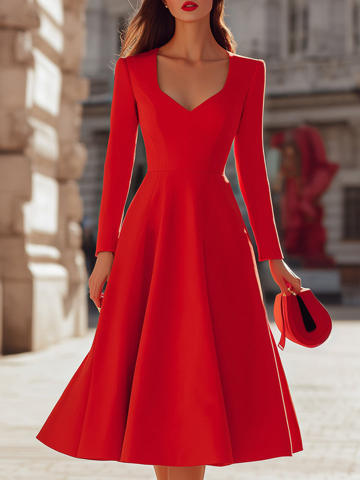 Olivia Bennet | Red V-Neck Fit-and-Flare Midi Dress