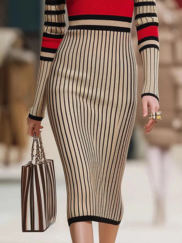 Olivia Bennet | Long Sleeves Skinny Contrast Color Striped High Neck Midi Dresses Sweater Dresses