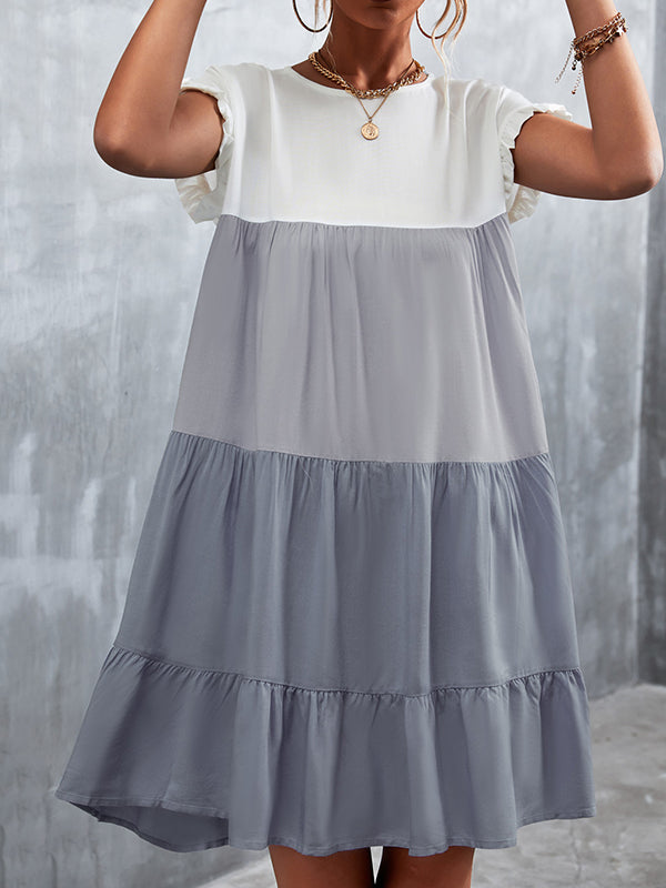 Olivia Bennet | Loose Ruffle Sleeves Contrast Color Falbala Pleated Split-Joint Round-Neck Mini Dresses