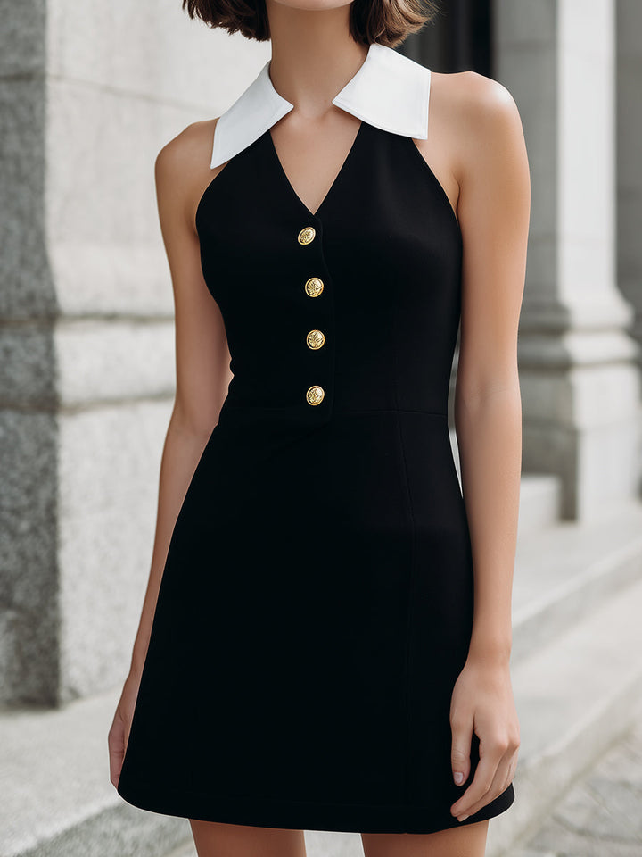Olivia Bennet | Black Halter Neck, Contrast White Collar Mini Dress