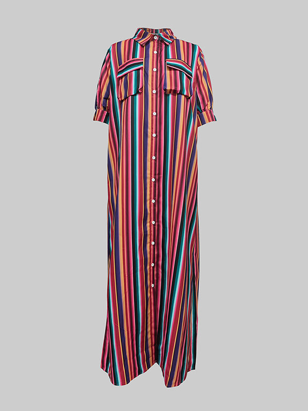 Olivia Bennet | Long Sleeves Loose Split-Joint Striped Lapel Maxi Dresses Shirt Dress