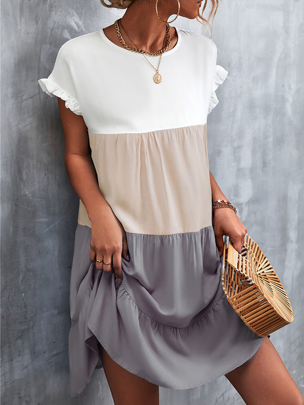 Olivia Bennet | Loose Ruffle Sleeves Contrast Color Falbala Pleated Split-Joint Round-Neck Mini Dresses