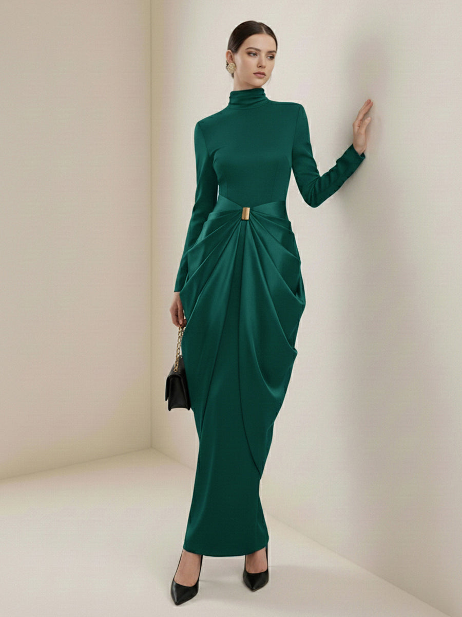 Olivia Bennet | Long Sleeves Buckle Draped High-Neck Evening Dresses Maxi Dresses