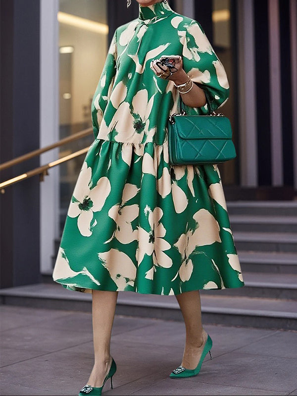 Olivia Bennet | Half Sleeves Loose Flower Print High Neck Midi Dresses