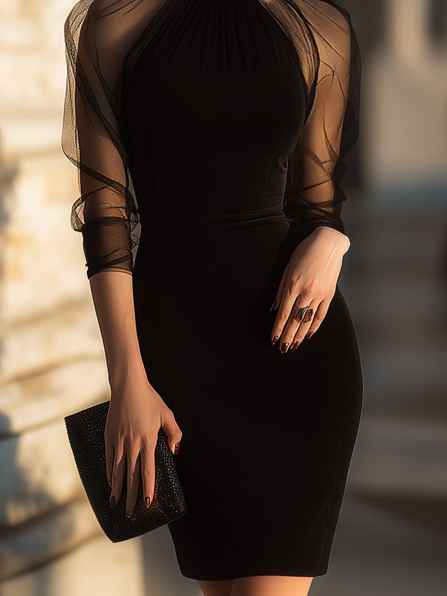 Olivia Bennet | Black Sheer-Sleeve High-Neck Mesh Cocktail Dress