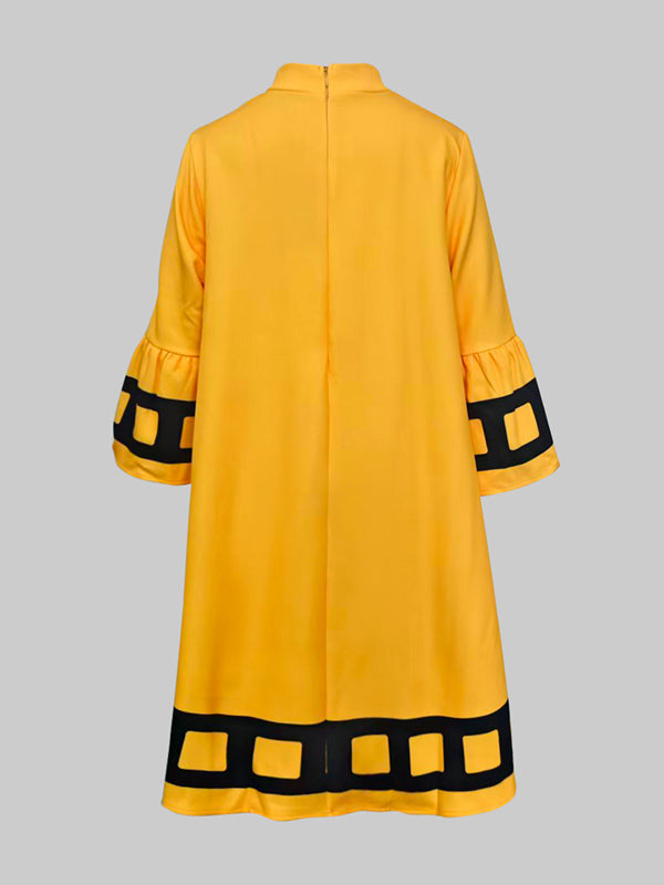 Olivia Bennet | A-Line Flared Sleeves Flower Print Split-Joint Mock Neck Midi Dresses