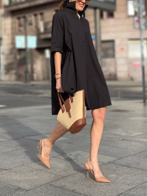 Olivia Bennet | A-Line Short Sleeves Solid Color Split-Joint Lapel Mini Dresses Shirt Dress