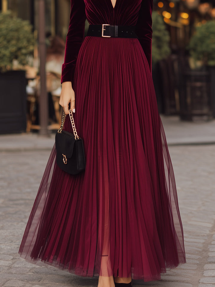 Olivia Bennet | Deep-V Neckline Pleated Mesh Overlay Velvet Maxi Dress