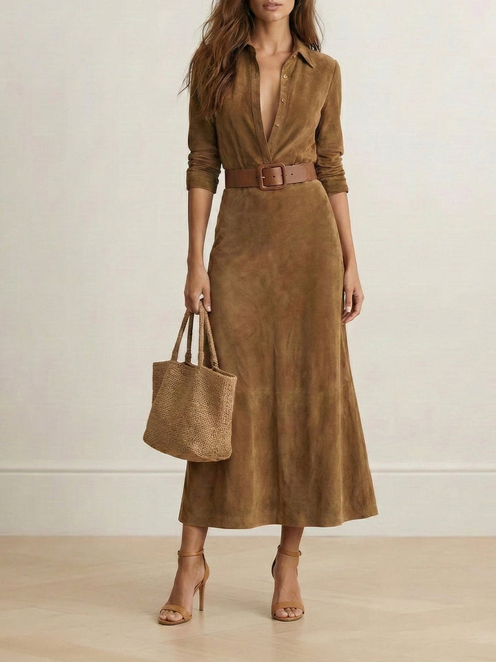 Olivia Bennet | Long Sleeves Split-Joint Lapel Maxi Dresses Shirt Dress
