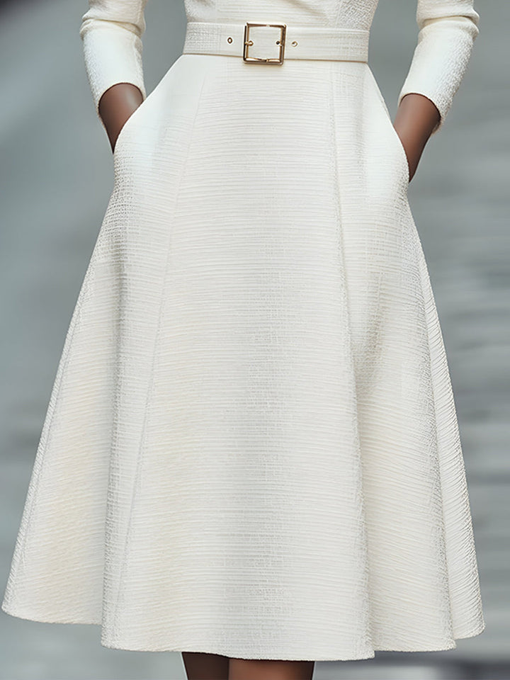 Olivia Bennet | White Belted V-Neck Textured Midi Dress