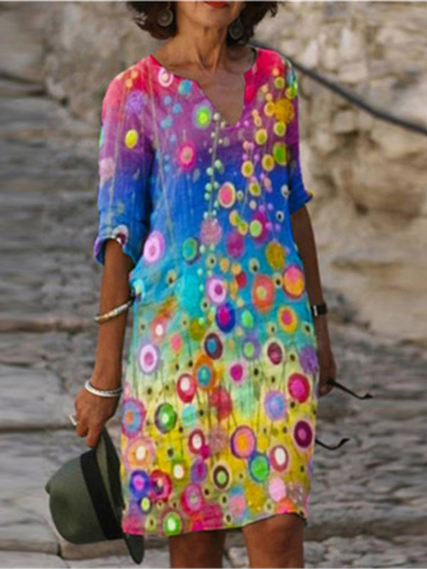 Olivia Bennet | Original Printing V-Neck Short Sleeve Mini Dress