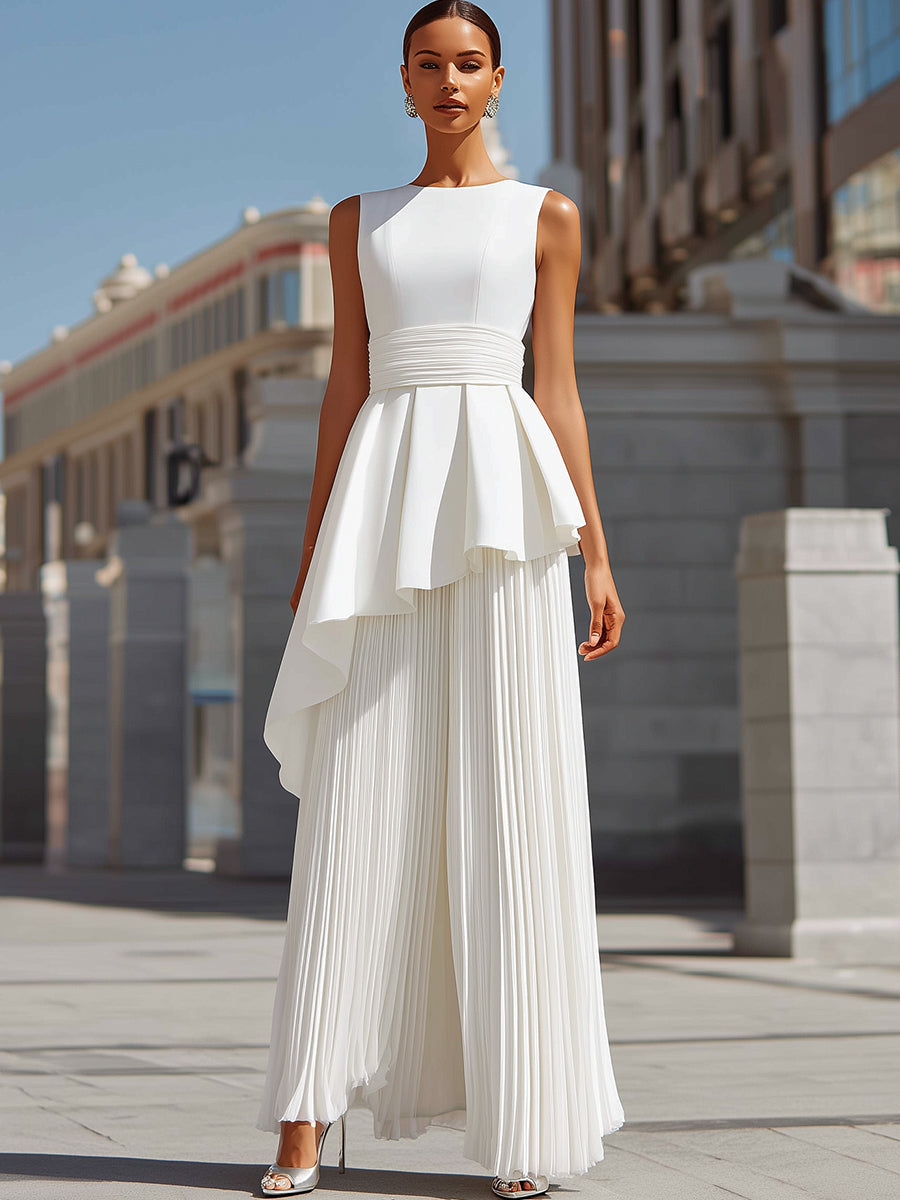 Olivia Bennet | White Sculpted Asymmetric Pleated Maxi Gown