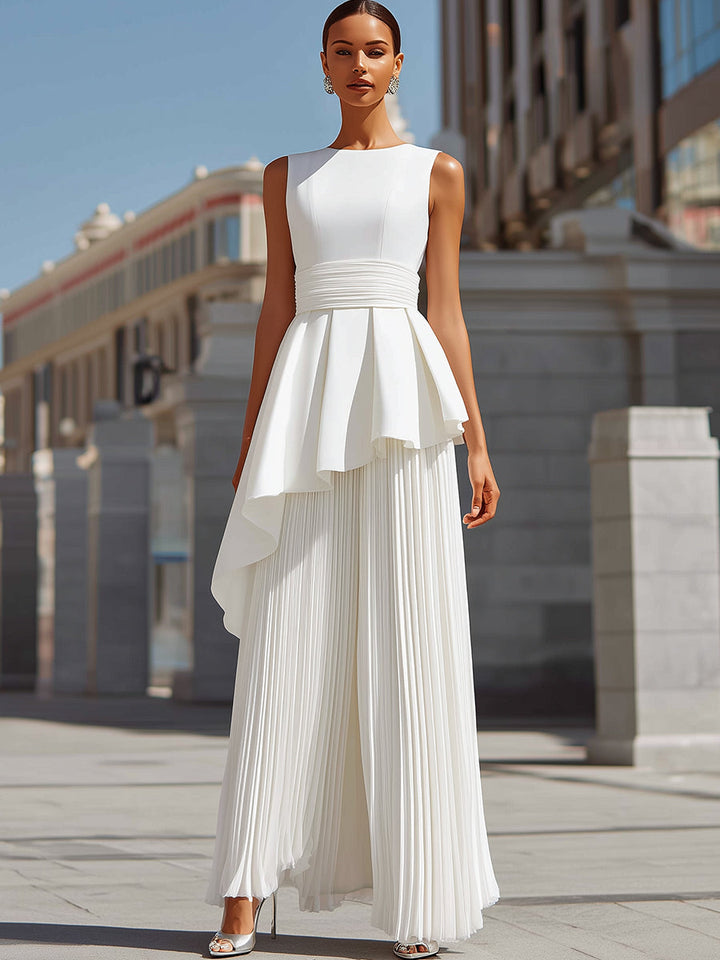 Olivia Bennet | White Sculpted Asymmetric Pleated Maxi Gown