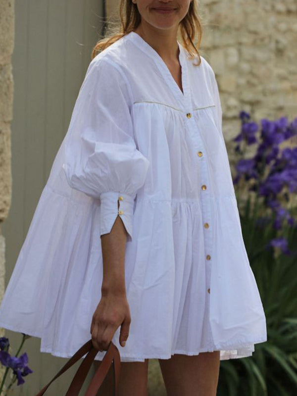 Olivia Bennet | A-Line Long Sleeves Buttoned Pleated Solid Color V-Neck Mini Dresses Shirt Dress