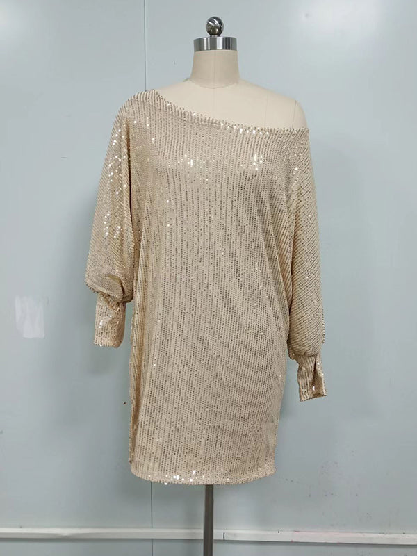 Olivia Bennet | A-Line Loose Asymmetric Sequined Solid Color One-Shoulder Mini Dresses