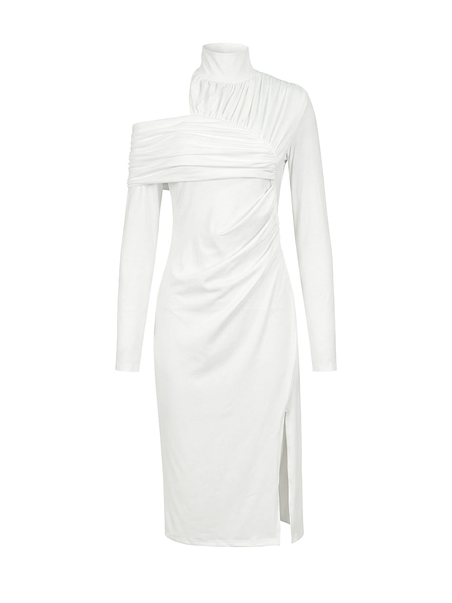 Olivia Bennet | Irregularity Long Sleeves Asymmetric Pleated Solid Color Split-Front Split-Joint Split-Side High Neck Midi Dresses