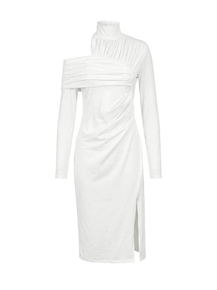 Olivia Bennet | Irregularity Long Sleeves Asymmetric Pleated Solid Color Split-Front Split-Joint Split-Side High Neck Midi Dresses
