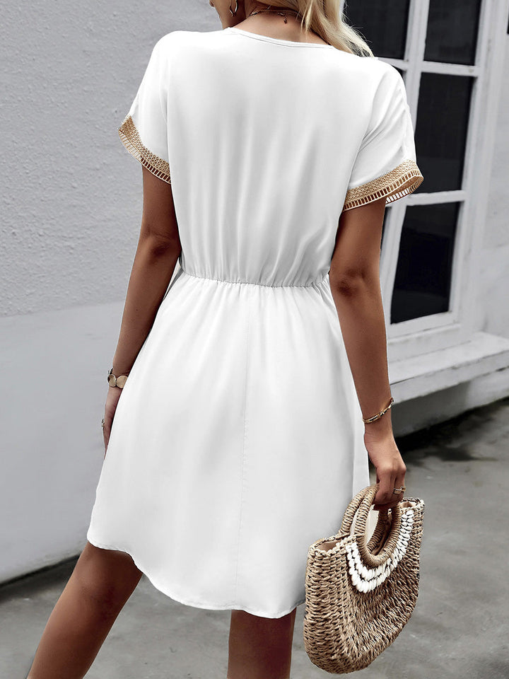 Olivia Bennet | A-Line Elasticated Waist Contrast Color Drawstring Hollow Split-Joint Tasseled Tied V-Neck Mini Dresses