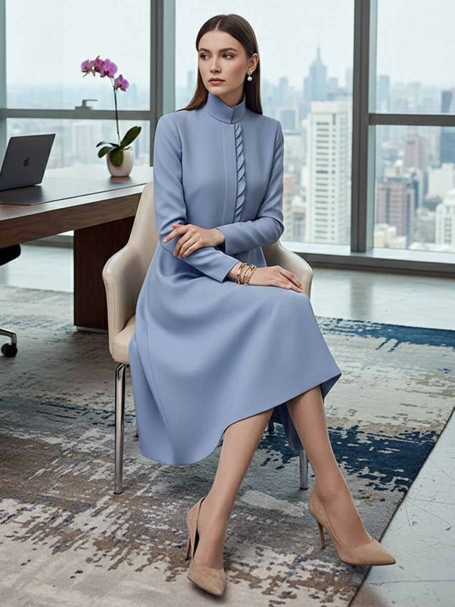 Olivia Bennet | A-Line Bodycon Asymmetric Pleated Pockets Solid Color Split-Joint Stand Collar Midi Dresses