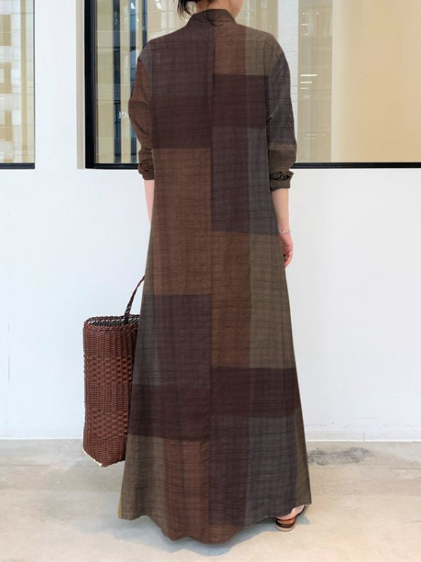 Olivia Bennet | Long Sleeves Loose Plaid Pockets Lapel Maxi Dresses Shirt Dress