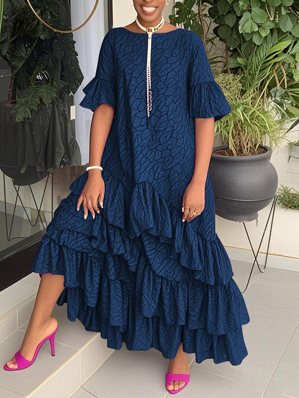 Olivia Bennet | Flared Sleeves Half Sleeves Asymmetric Layered Pleated Printed Ruffle Trim Round-Neck Maxi Dresses