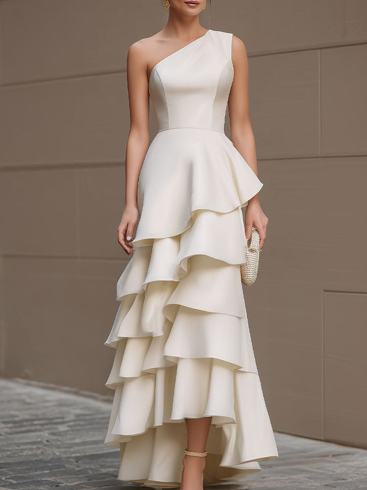 Olivia Bennet | Ivory One-Shoulder Tiered Ruffle Gown