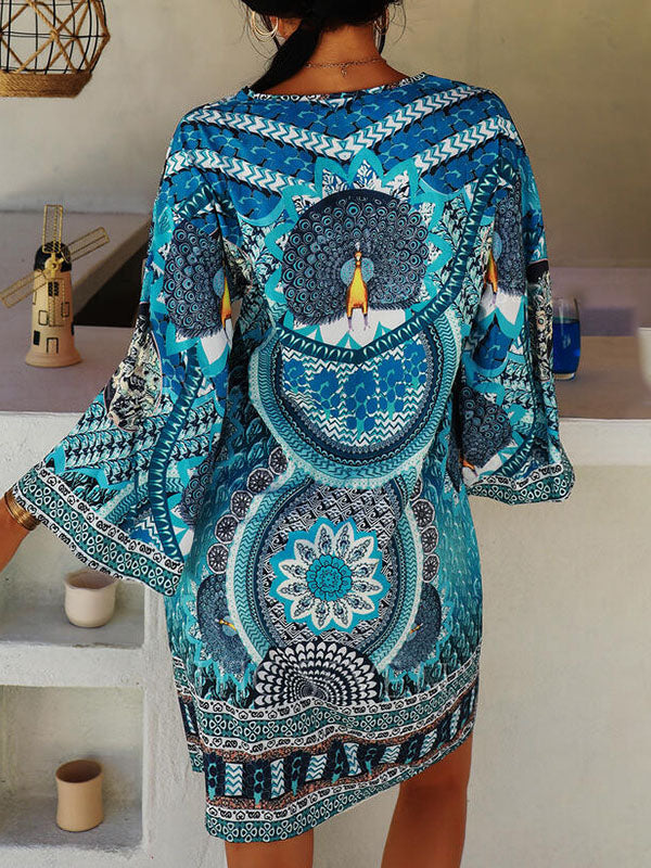 Olivia Bennet | A-Line Flared Sleeves Printed Split-Joint V-Neck Mini Dresses