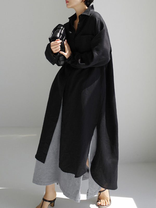 Olivia Bennet | Simple Long Sleeves Split-Side Solid Color Lapel Midi Dresses Shirt Dress
